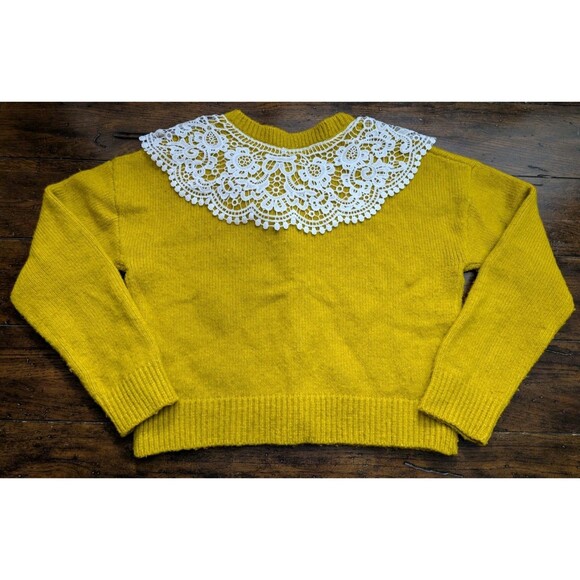 RARE Maeve Anthropologie Yellow Cardigan S Cropped Lace Collar Flower Button - Picture 13 of 13